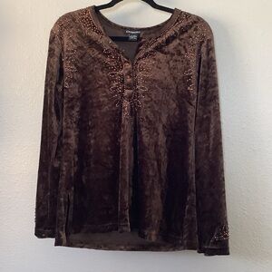Brown Velvet Rhinestone Fairy Bohemian Boho Hippie Festival Cowgirl Blouse L